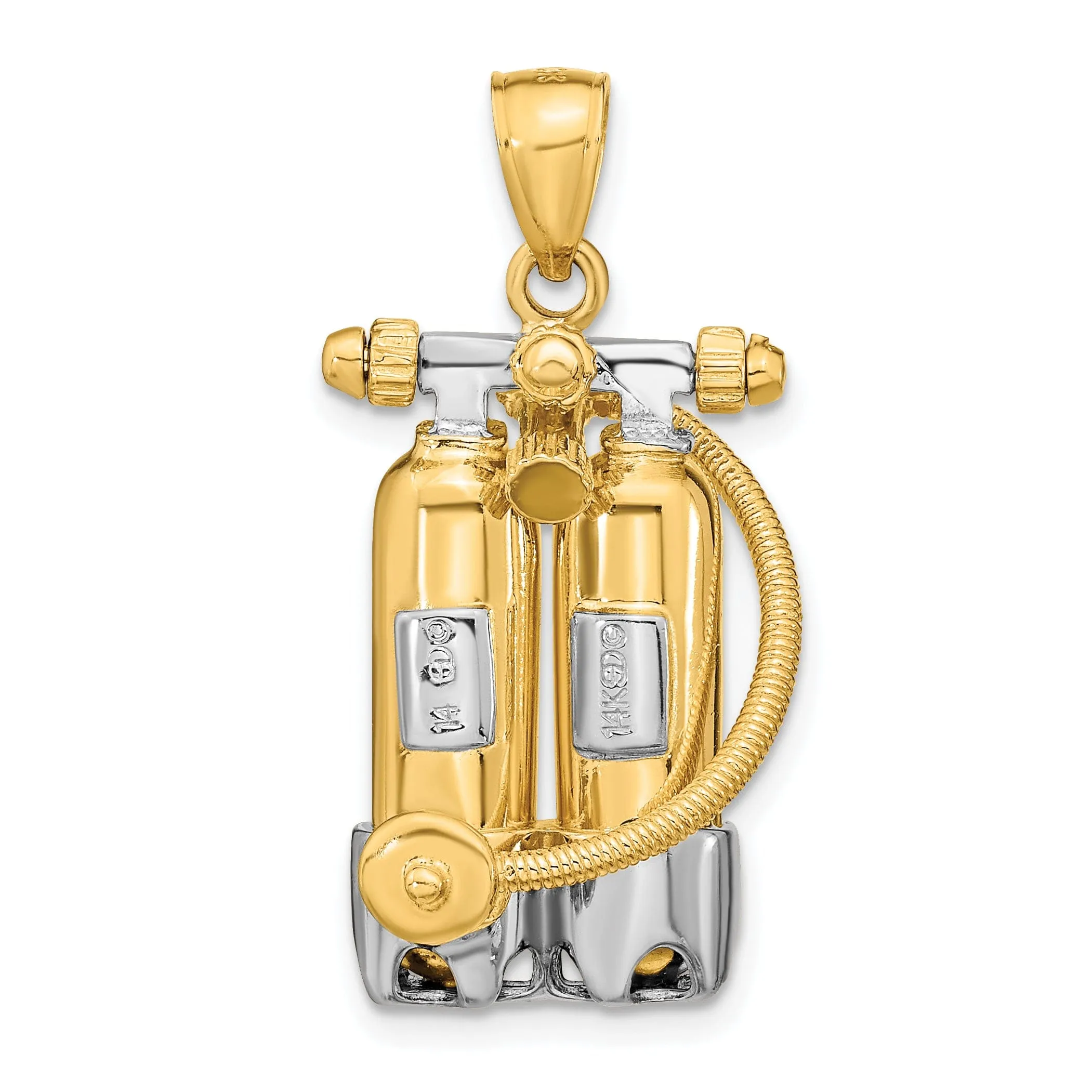 14K Yellow Gold Rhodium Polish Finish 3-Dimensional Double Scuba Tanks with Air Hose Charm Pendant