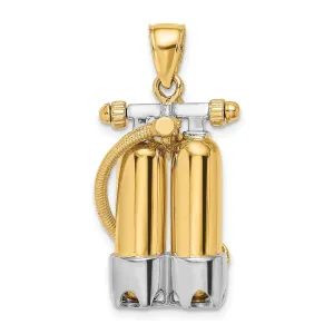 14K Yellow Gold Rhodium Polish Finish 3-Dimensional Double Scuba Tanks with Air Hose Charm Pendant