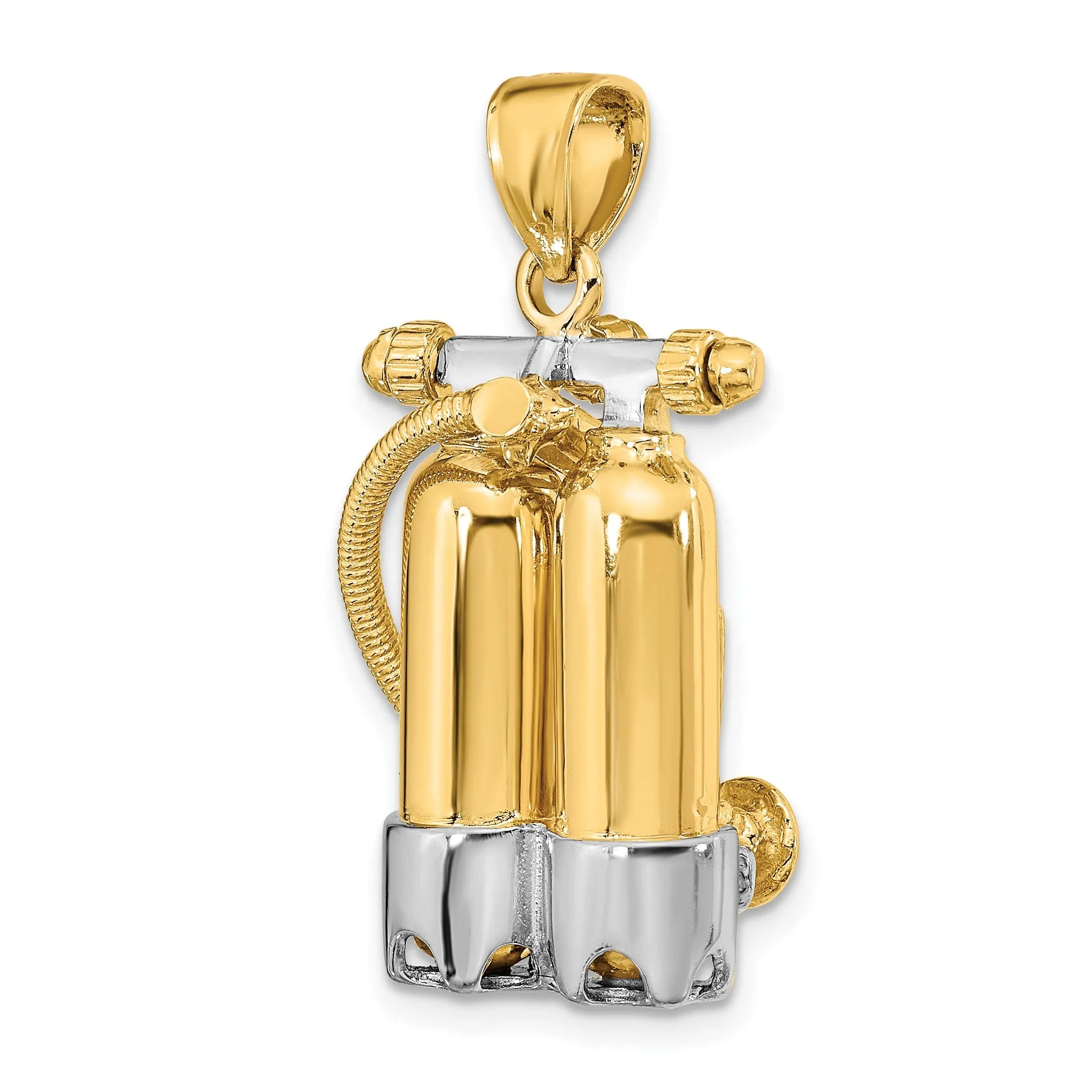 14K Yellow Gold Rhodium Polish Finish 3-Dimensional Double Scuba Tanks with Air Hose Charm Pendant