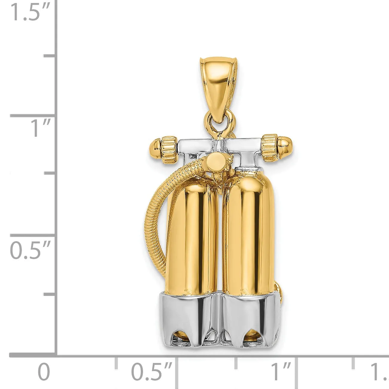 14K Yellow Gold Rhodium Polish Finish 3-Dimensional Double Scuba Tanks with Air Hose Charm Pendant