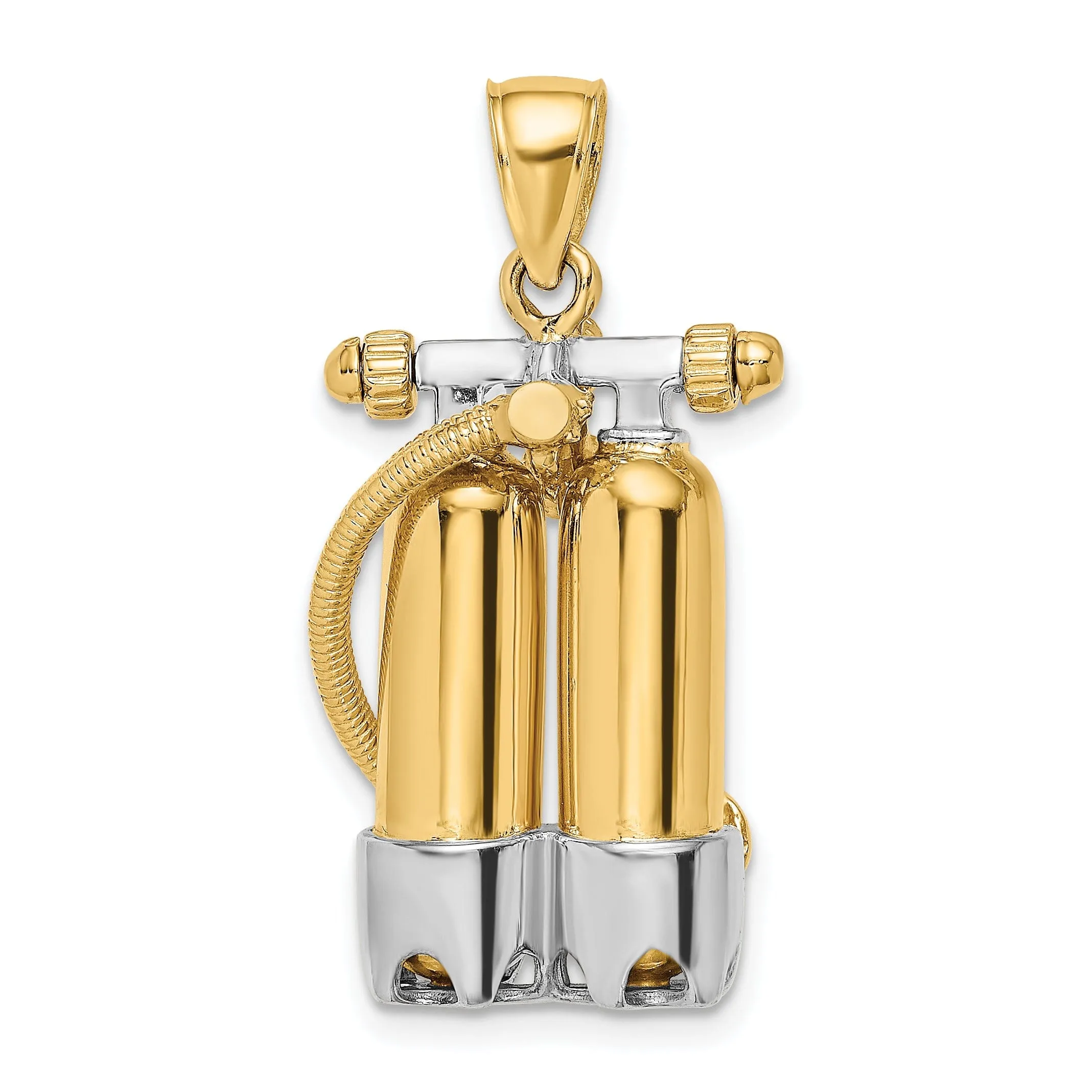14K Yellow Gold Rhodium Polish Finish 3-Dimensional Double Scuba Tanks with Air Hose Charm Pendant