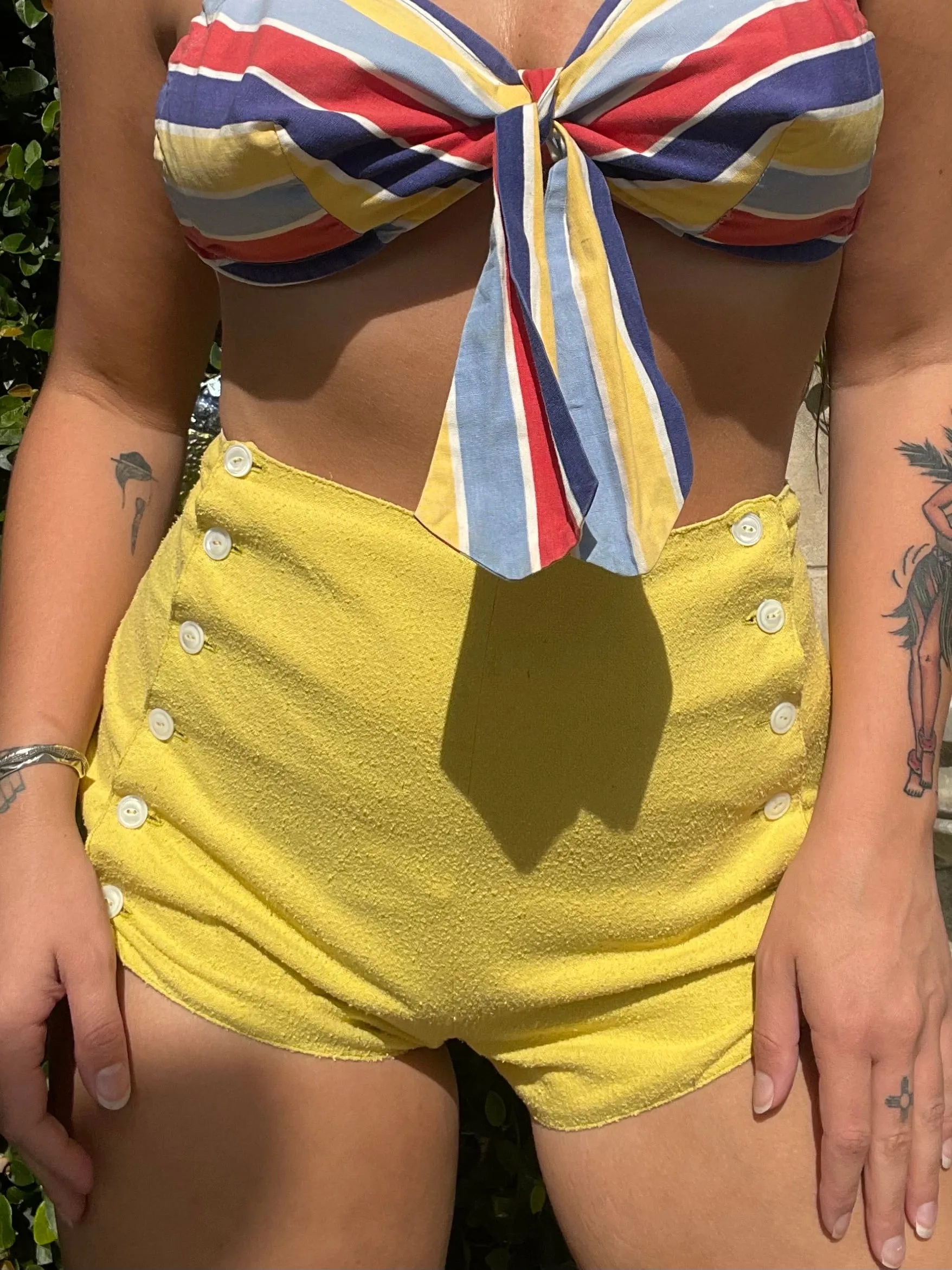 1930s Lemon Chartreuse Nubby Knit Double Side Button Hot Pants
