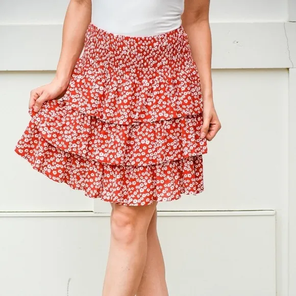 5 for 35$ Kori Red White Floral Layered Ruffle Mini Skirt NWT