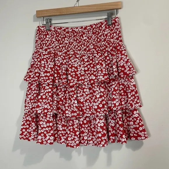 5 for 35$ Kori Red White Floral Layered Ruffle Mini Skirt NWT