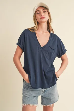 Aemi   Co Side Slit V-Neck Short Rolled Sleeve T-Shirt