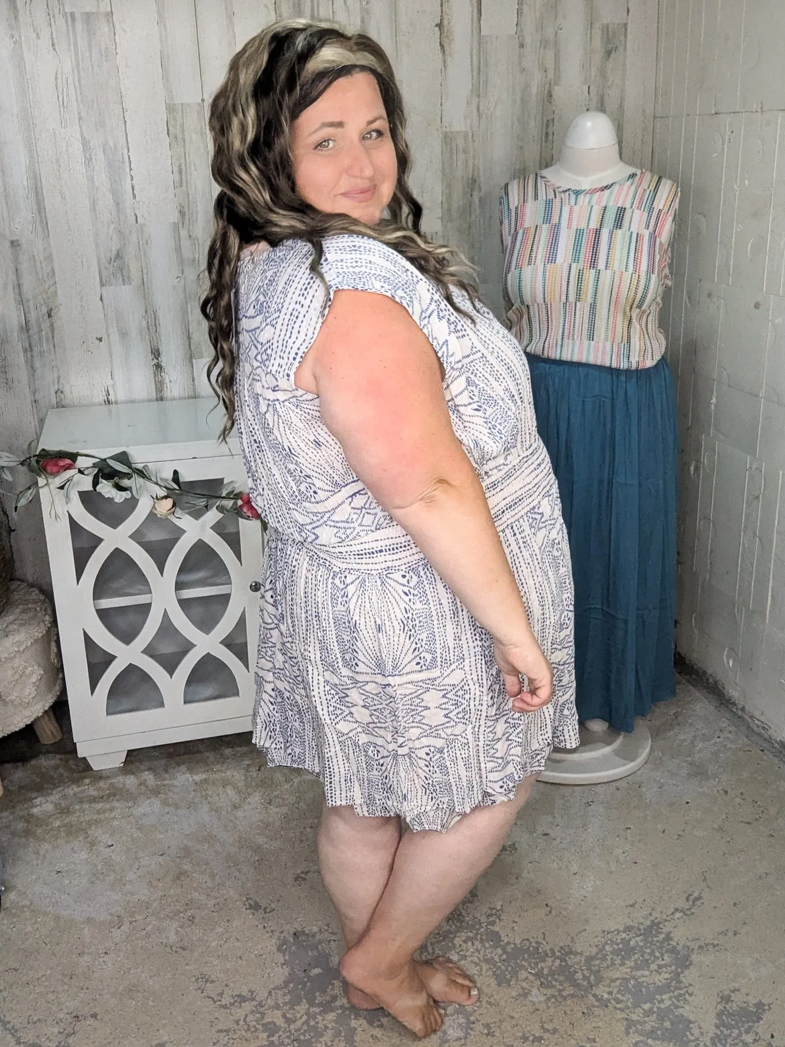 Amanda Aztec Dot Print Dress in Navy   Taupe