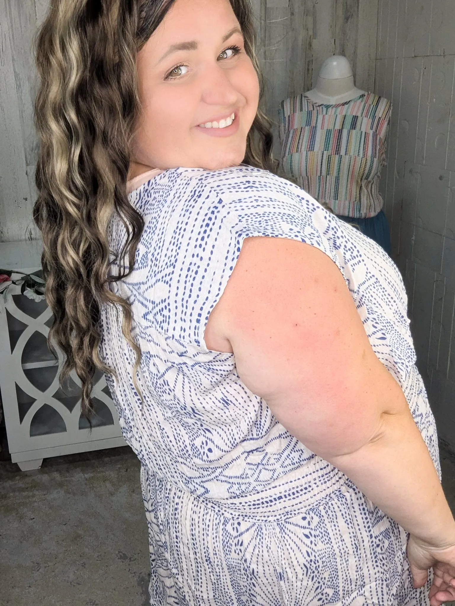 Amanda Aztec Dot Print Dress in Navy   Taupe