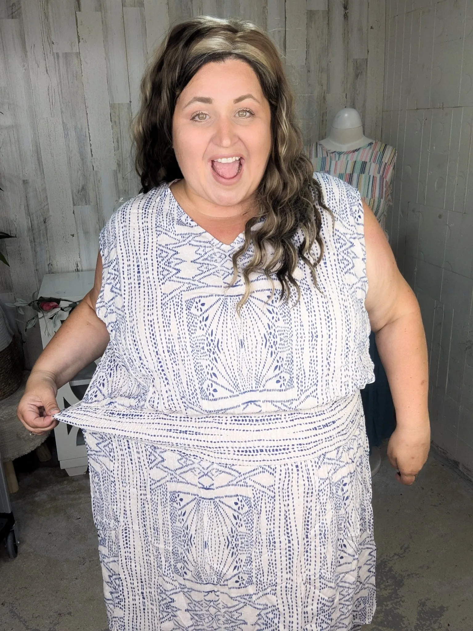 Amanda Aztec Dot Print Dress in Navy   Taupe