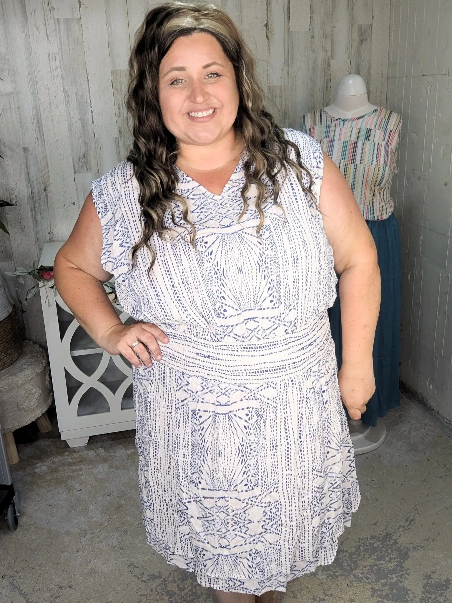 Amanda Aztec Dot Print Dress in Navy   Taupe
