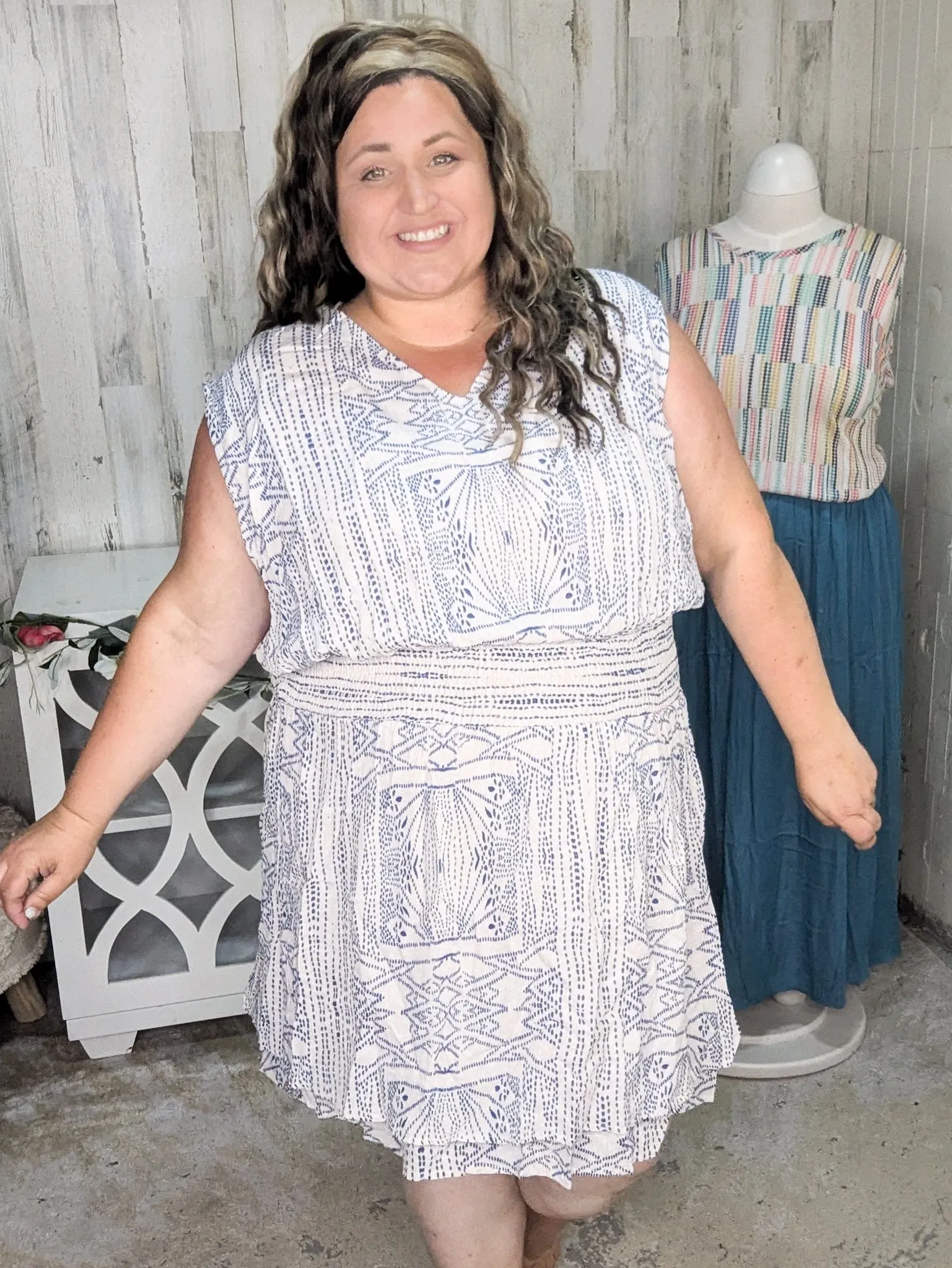 Amanda Aztec Dot Print Dress in Navy   Taupe