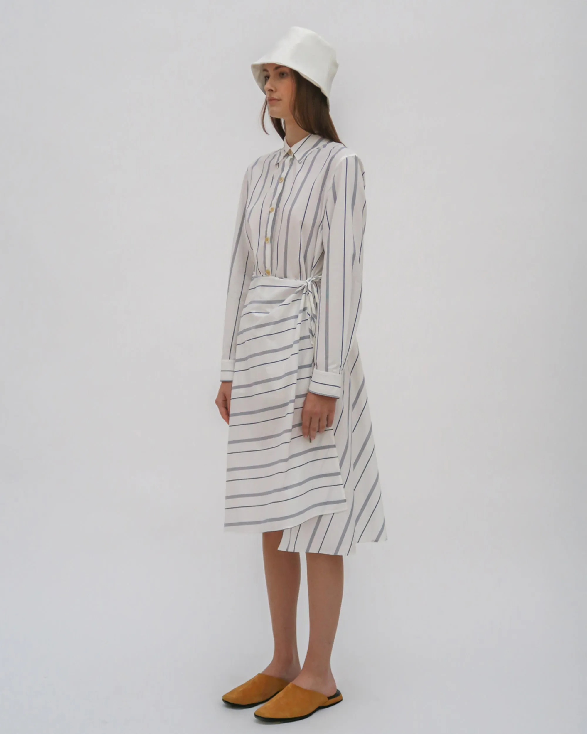 ASYMMETRIC APRON SHIRT - WIDE STRIPE COTTON POPLIN