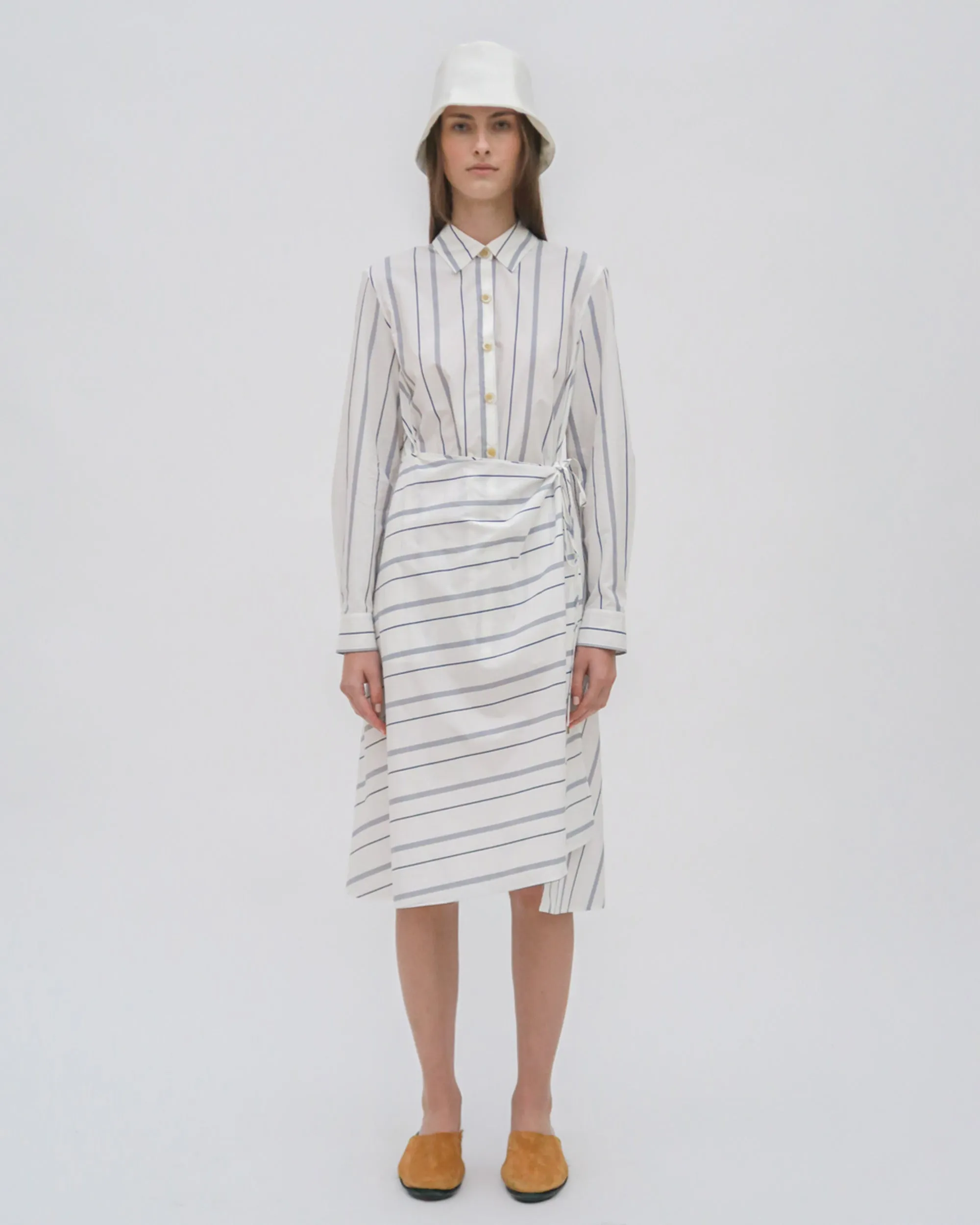 ASYMMETRIC APRON SHIRT - WIDE STRIPE COTTON POPLIN