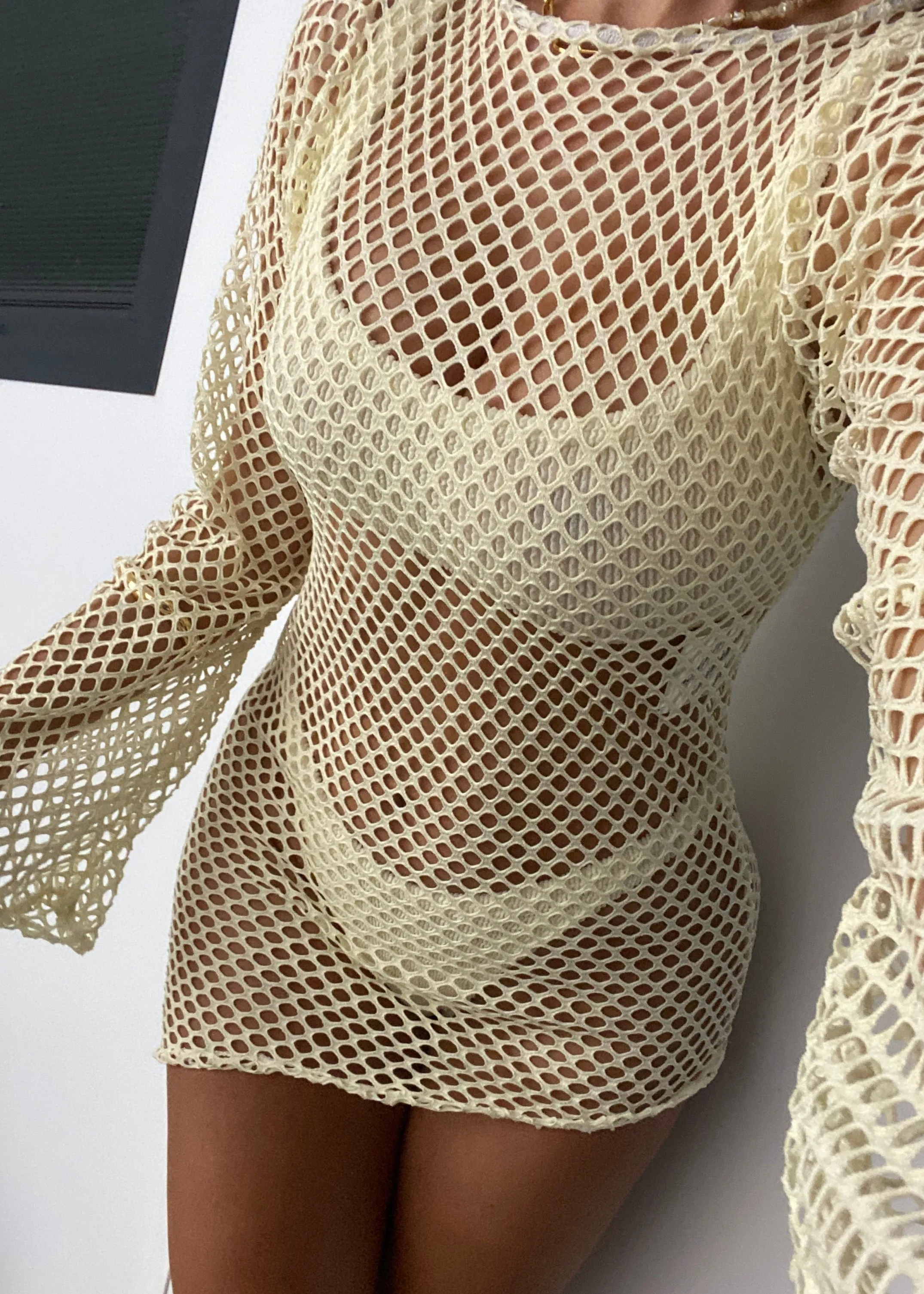 Asymmetric Flare Sleeve Mini Dress or Top in Open Knit