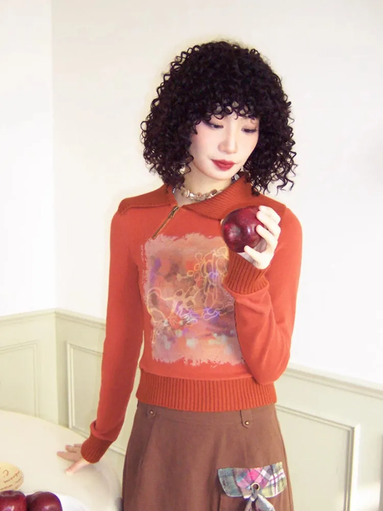 Asymmetric lapel print sweatshirt【s0000006560】
