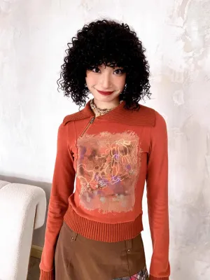 Asymmetric lapel print sweatshirt【s0000006560】