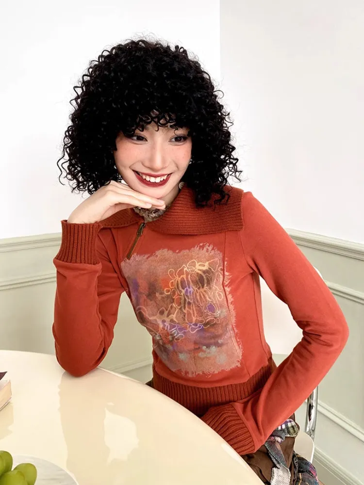 Asymmetric lapel print sweatshirt【s0000006560】