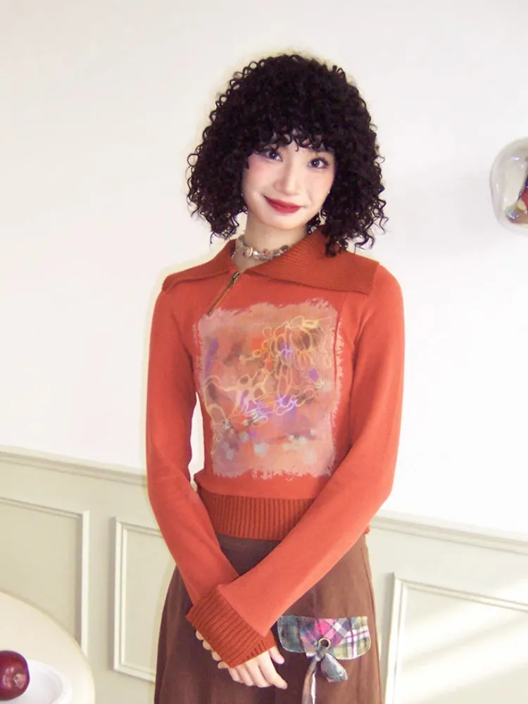 Asymmetric lapel print sweatshirt【s0000006560】