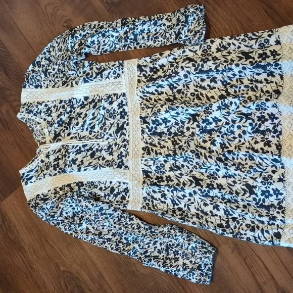 Attic Salt Blue and White Floral With Lace Panels Prairie Maxi Dress A5