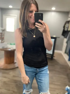 Basic High Neck Ribbed Tank Top - Black