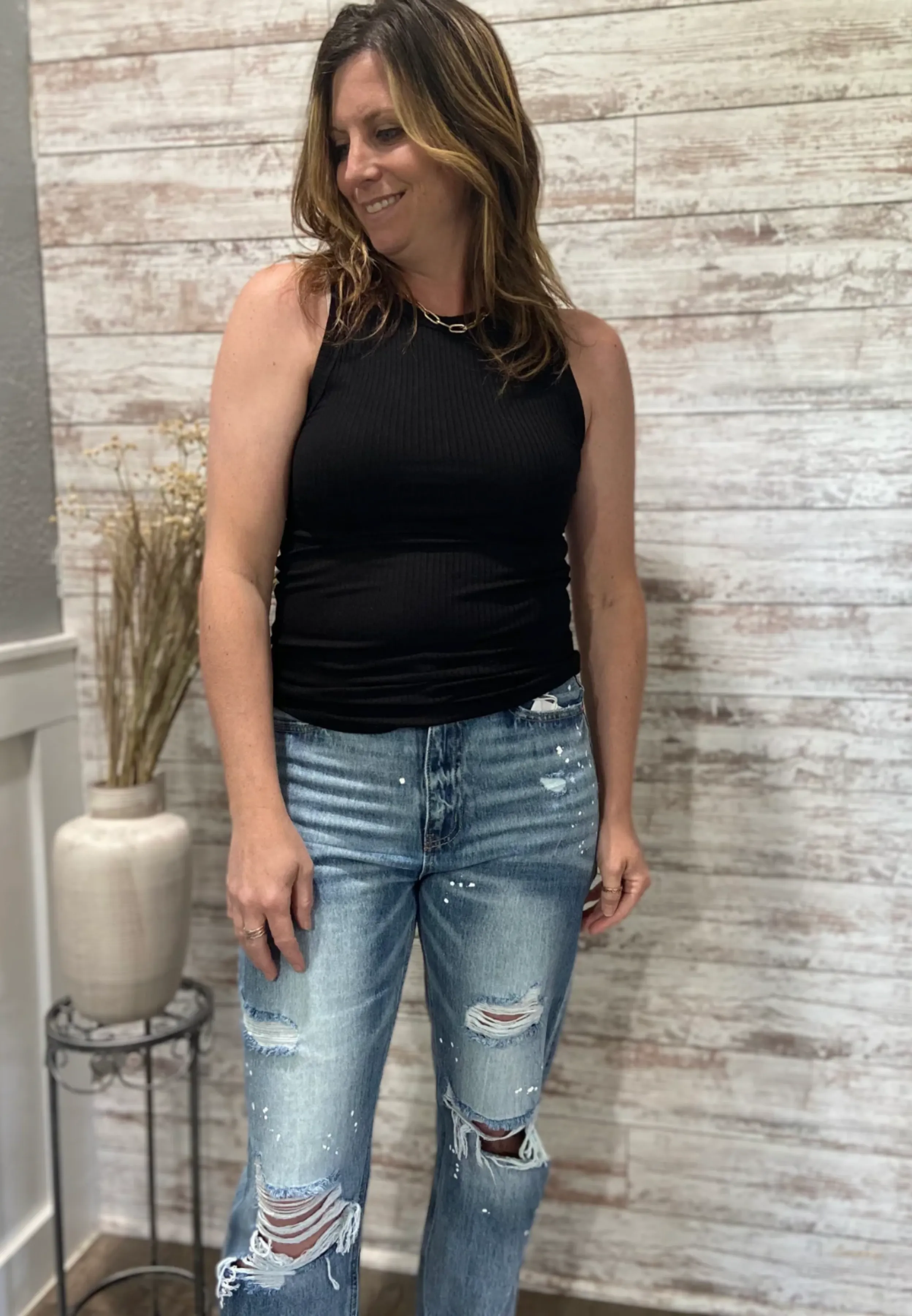 Basic High Neck Ribbed Tank Top - Black