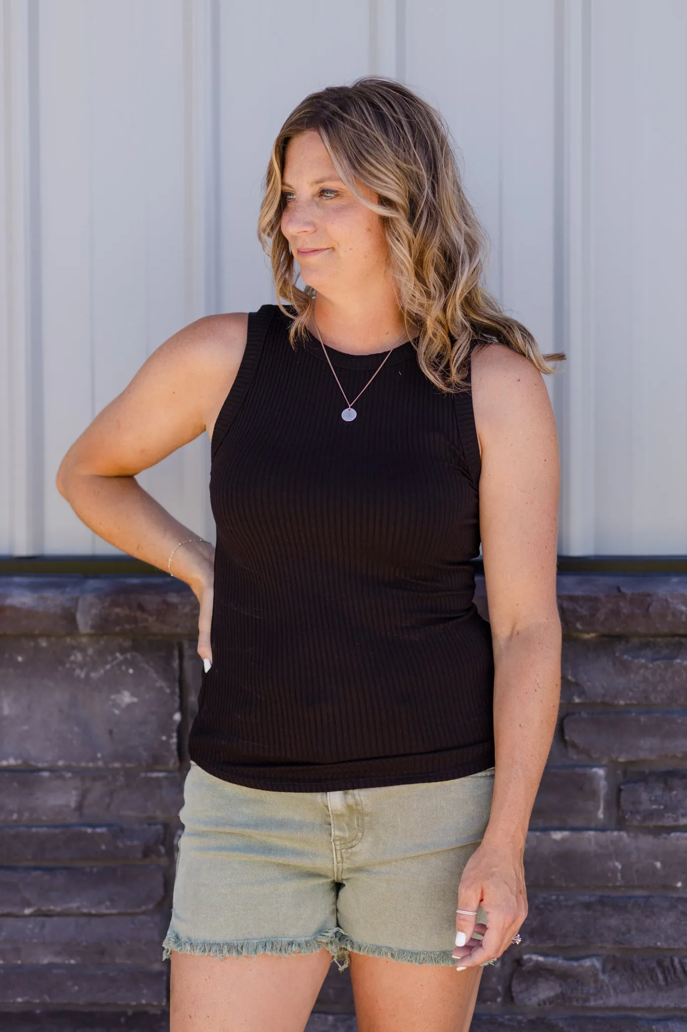 Basic High Neck Ribbed Tank Top - Black