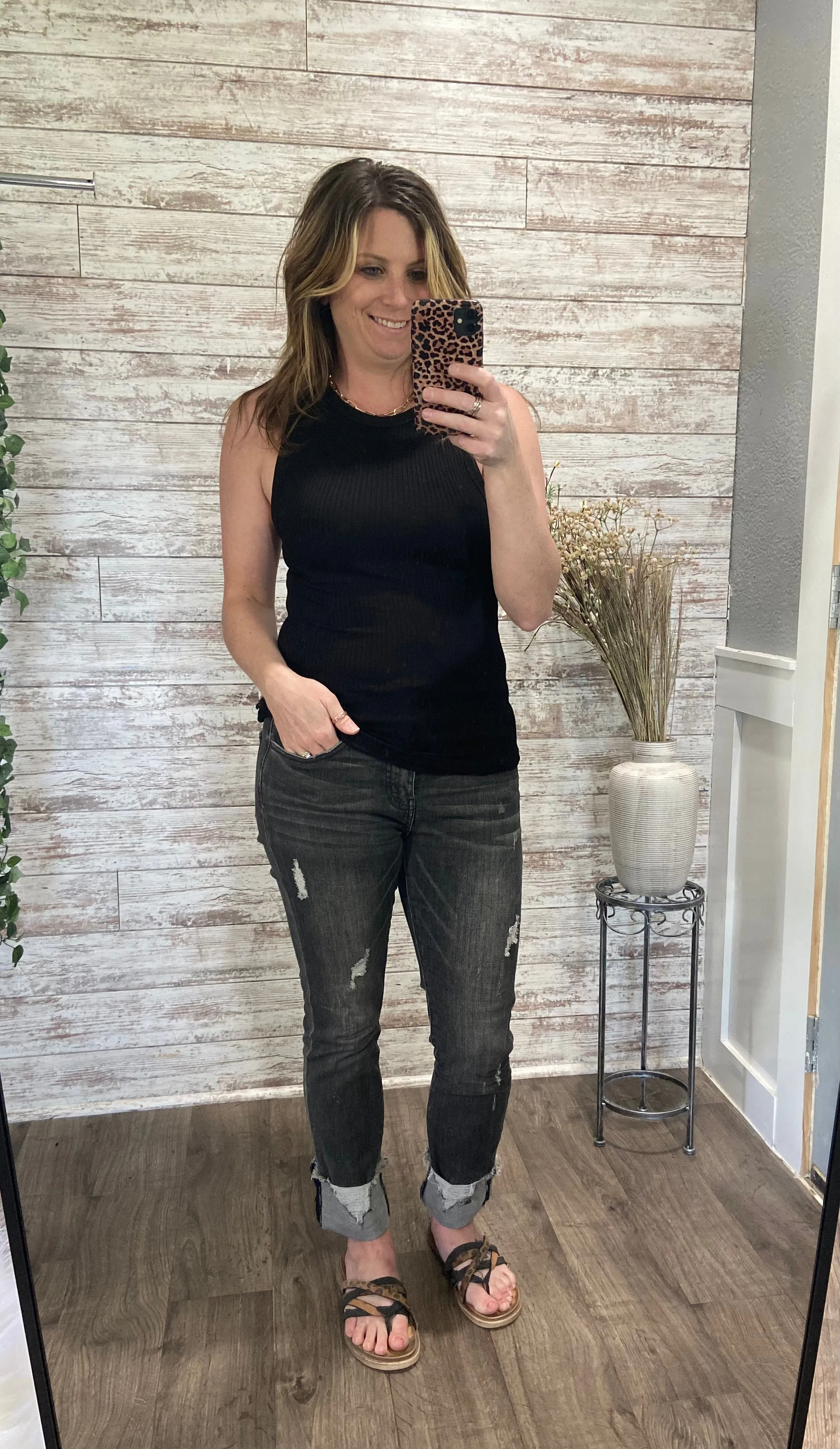 Basic High Neck Ribbed Tank Top - Black