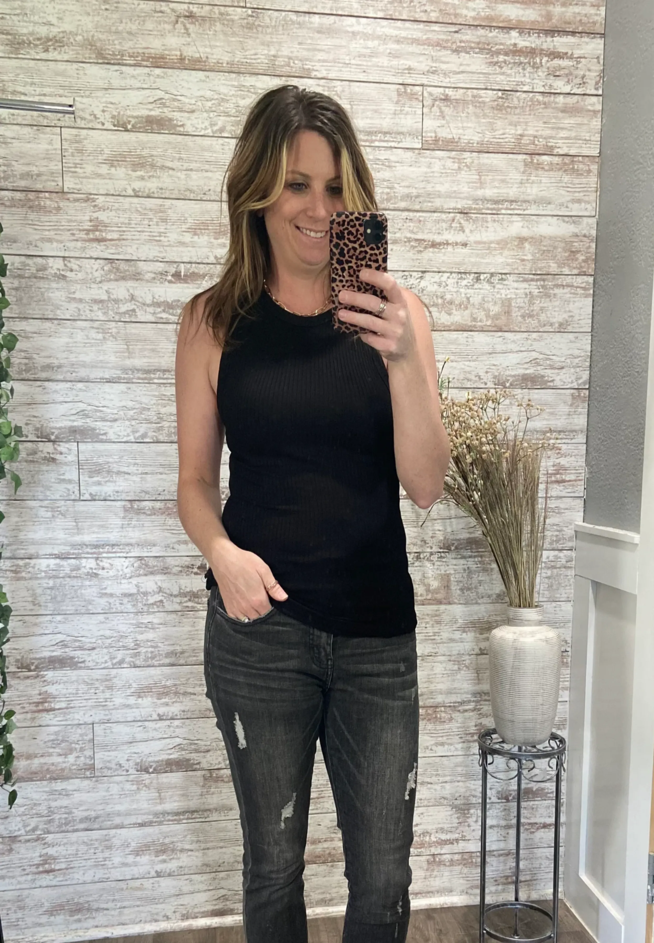 Basic High Neck Ribbed Tank Top - Black