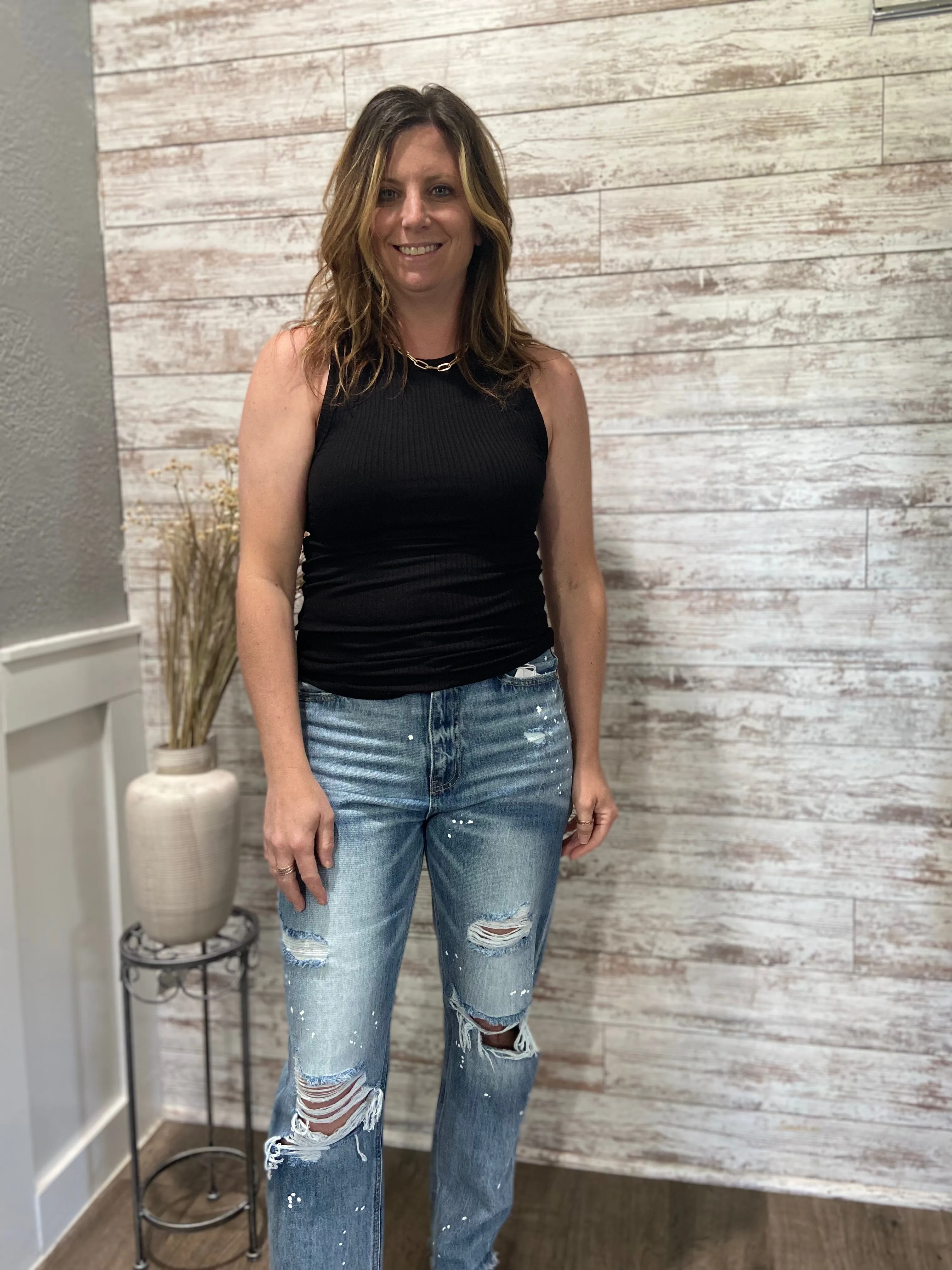 Basic High Neck Ribbed Tank Top - Black