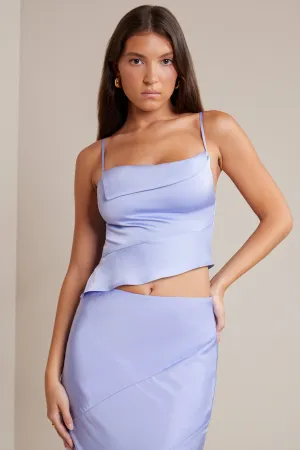 Bias Cut Satin Cowl Neck Crop Top in Periwinkle