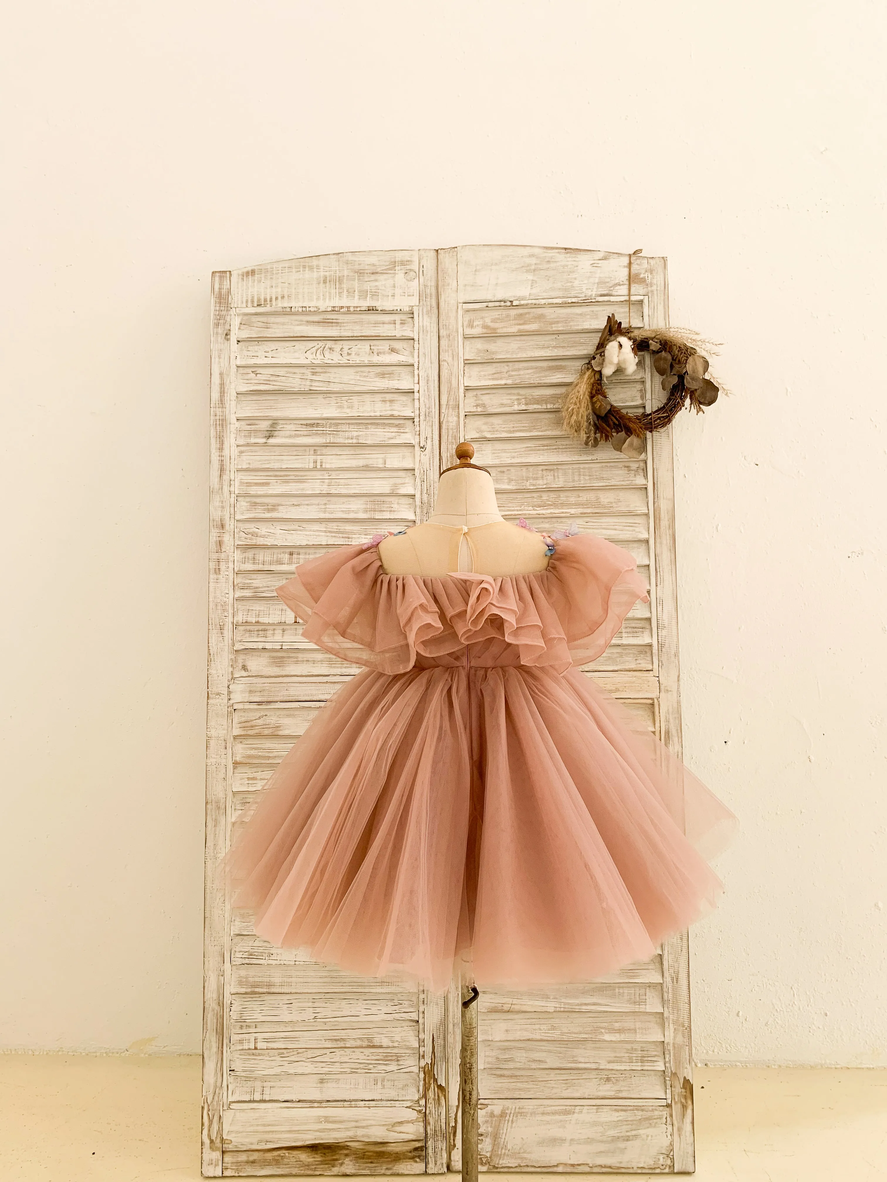 Birthday Party 3D Butterflies Mauve Tulle Ruffles Wedding Flower Girl Dress