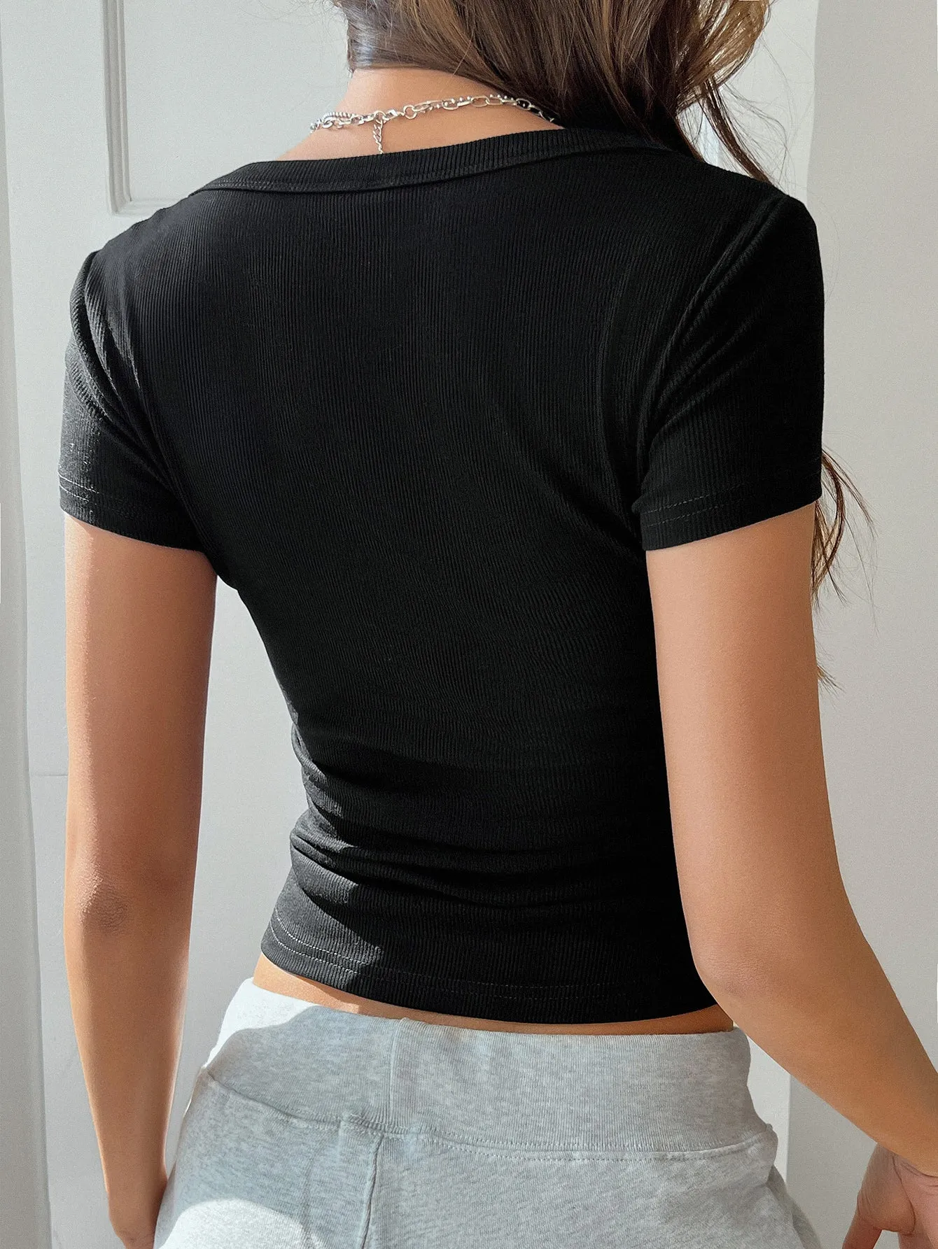 Black Asymmetric Neck Rib Top