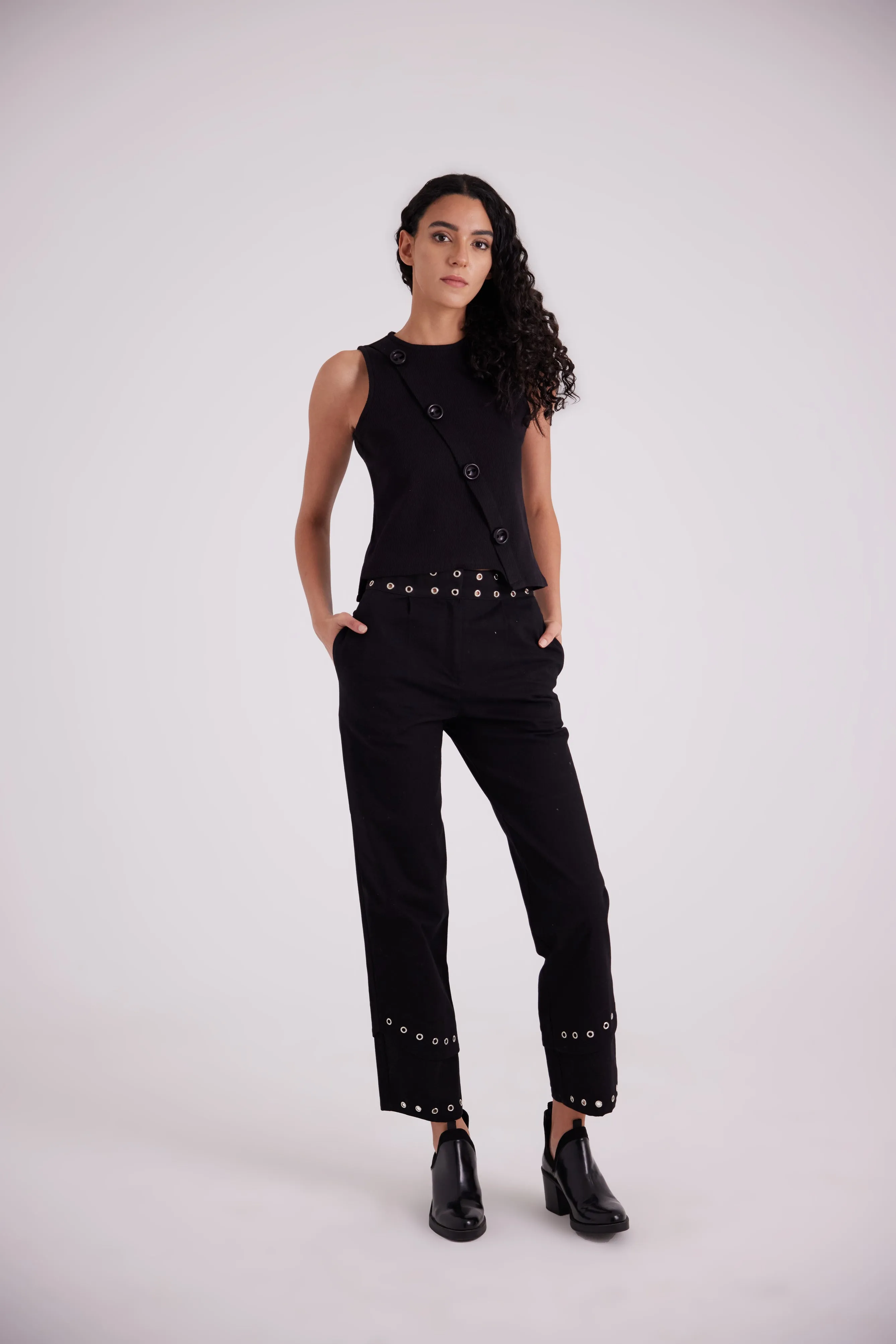 Black asymmetric side buttoned cut top