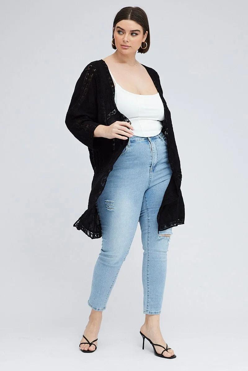 Black Embroidered Kimono Mesh 3/4 Sleeve