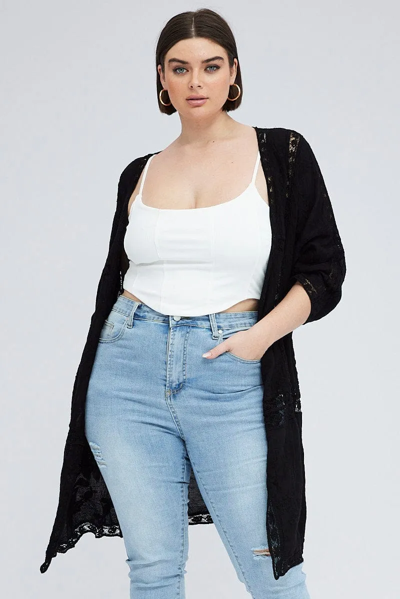 Black Embroidered Kimono Mesh 3/4 Sleeve