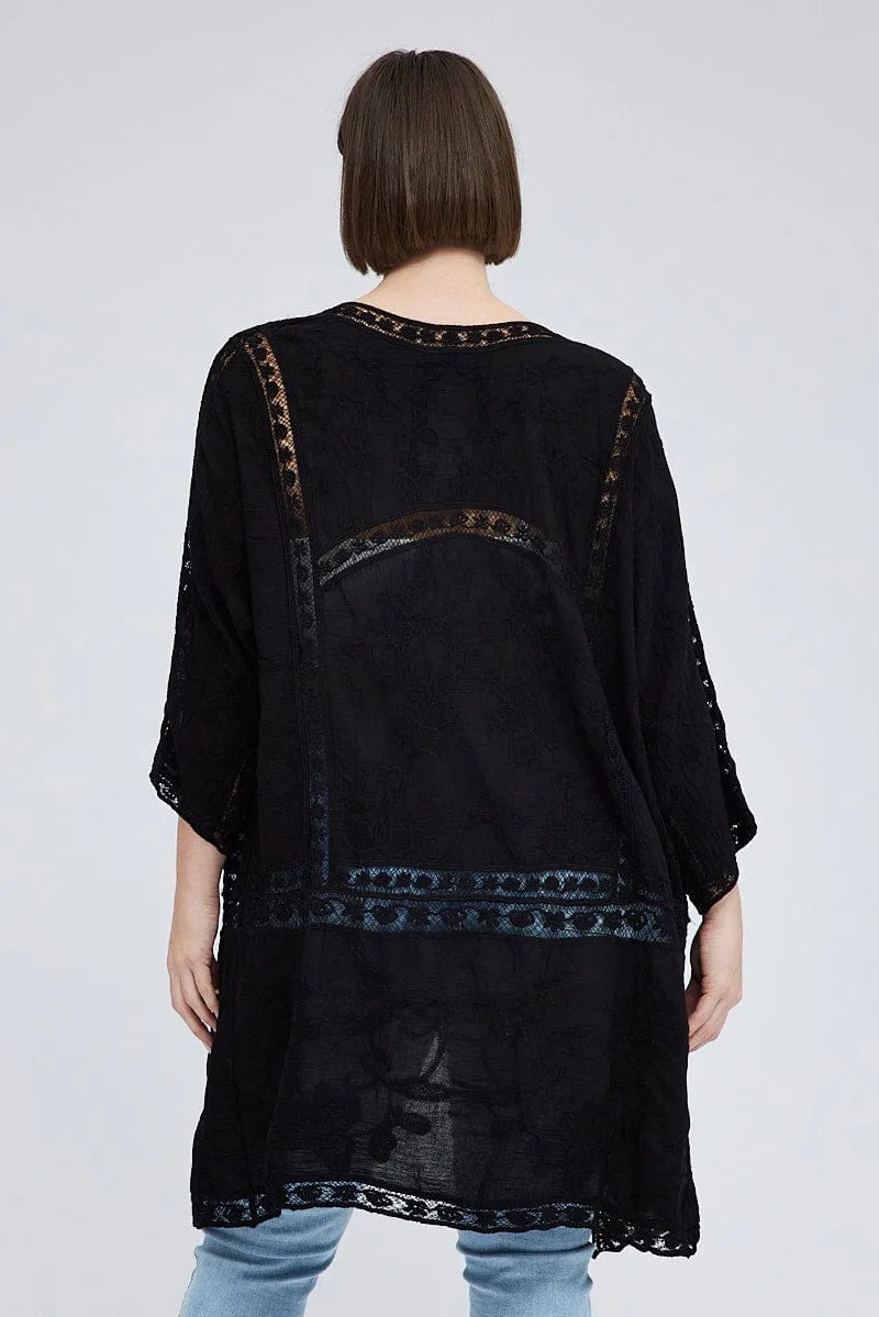 Black Embroidered Kimono Mesh 3/4 Sleeve