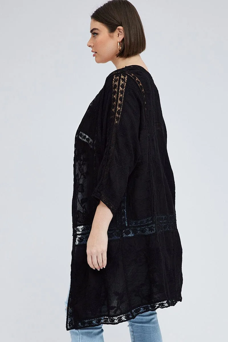 Black Embroidered Kimono Mesh 3/4 Sleeve