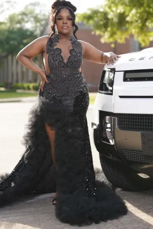 Black Keyhole Feathers High Split Mermaid Sequin Prom Dresses