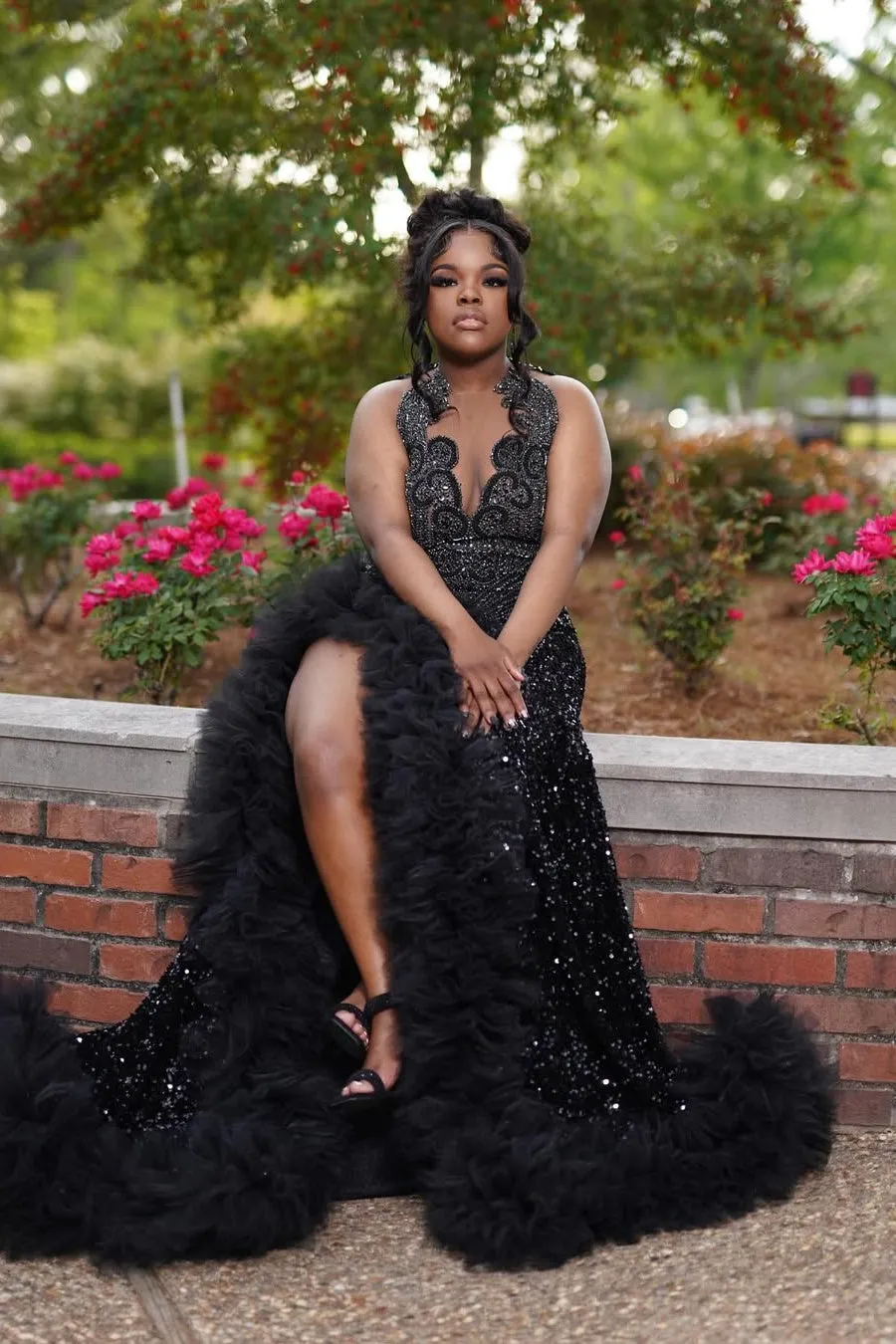 Black Keyhole Feathers High Split Mermaid Sequin Prom Dresses