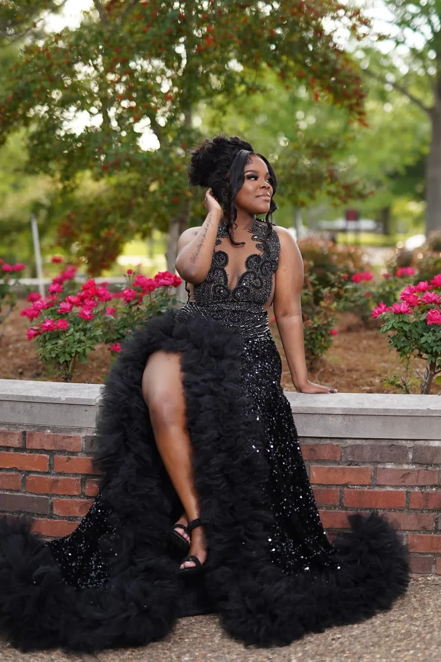 Black Keyhole Feathers High Split Mermaid Sequin Prom Dresses