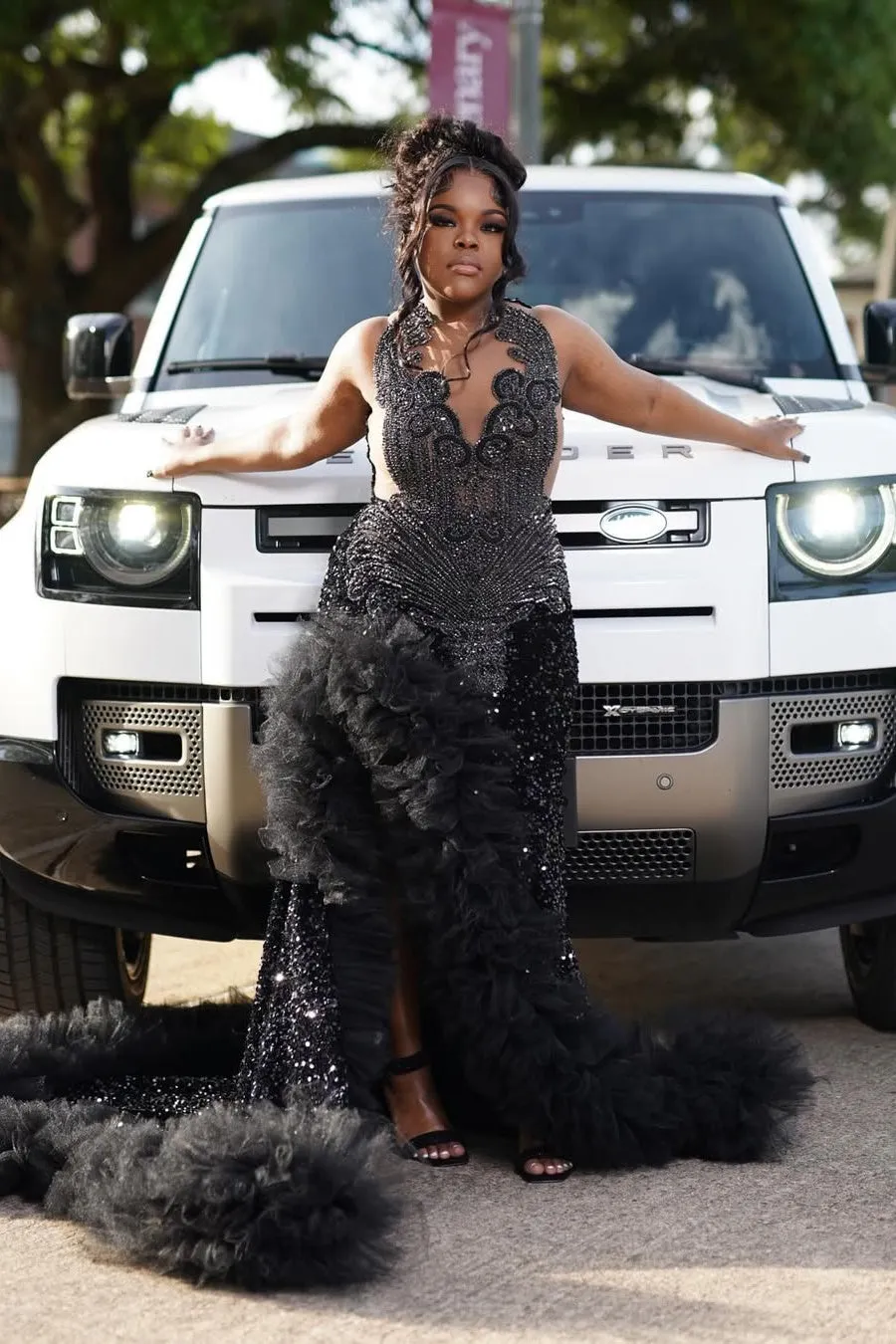 Black Keyhole Feathers High Split Mermaid Sequin Prom Dresses