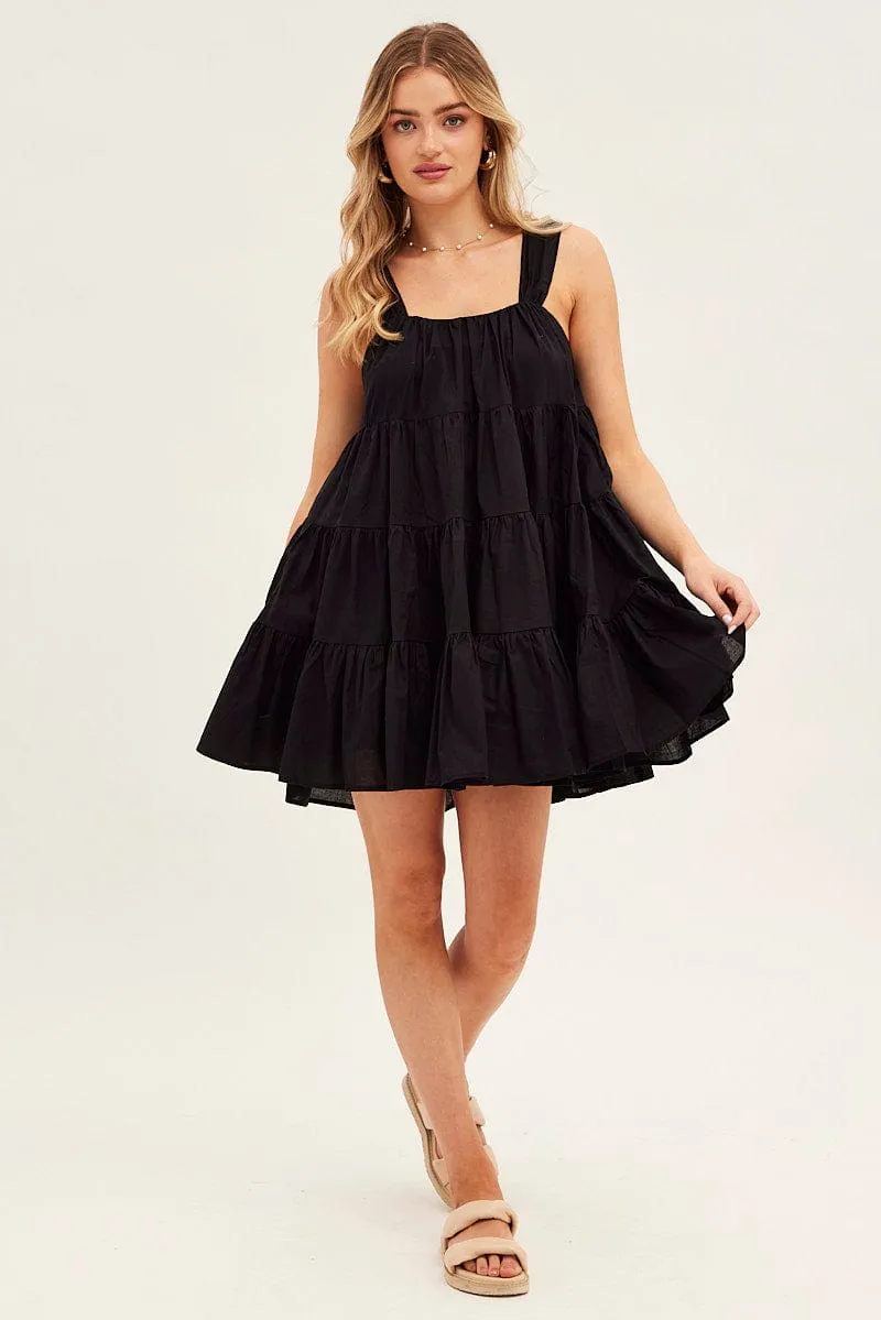 Black Mini Dress Round Neck Tiered Smock