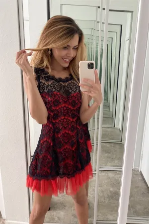 Black Red Lace Contrast Tulle Hem Mini Dress