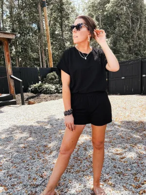 Black Texture Elastic Waist Shorts