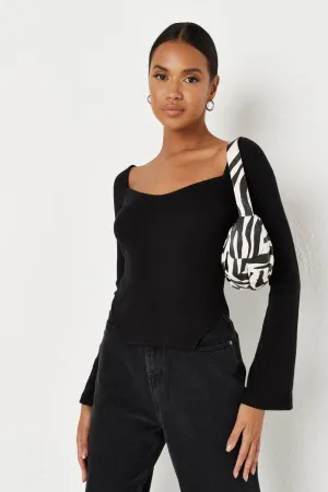 Black White Rib Asymmetric Hem Milkmaid Top