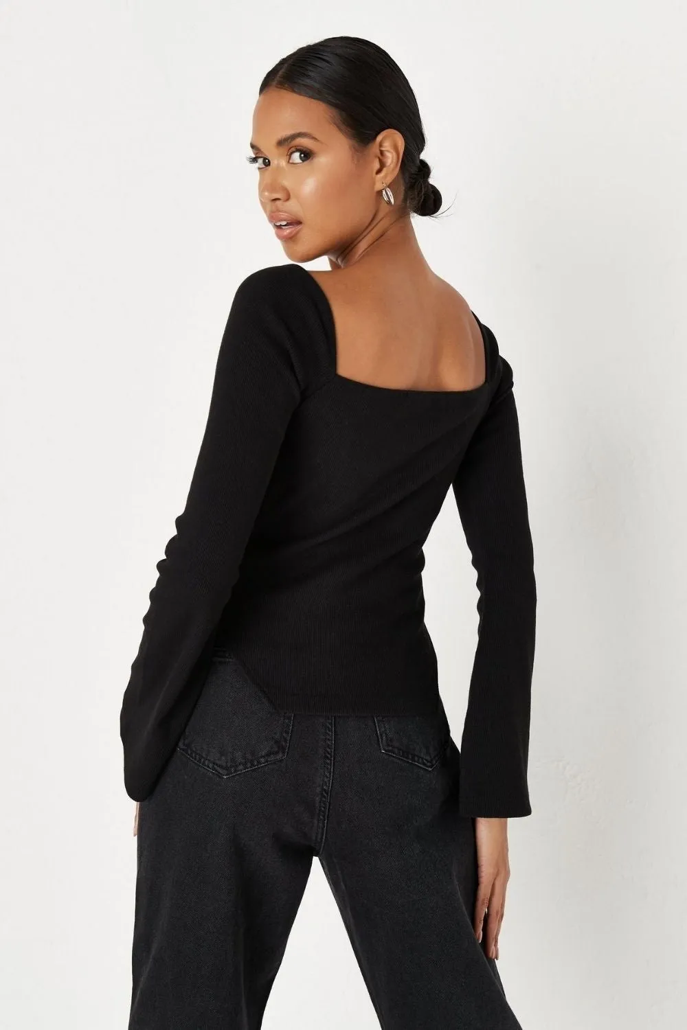 Black White Rib Asymmetric Hem Milkmaid Top