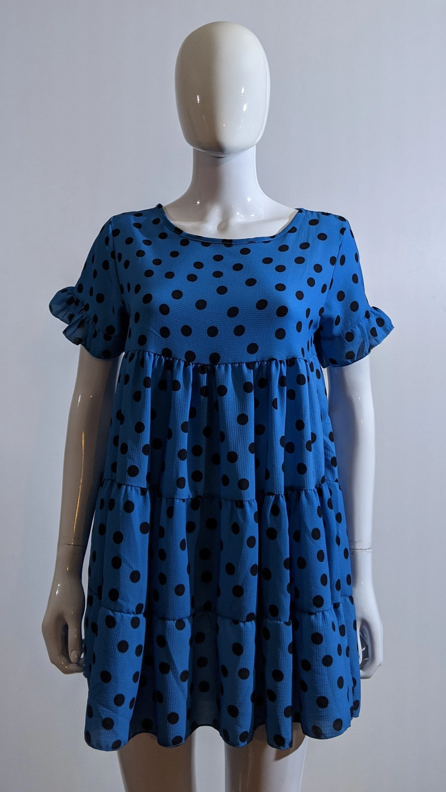 Blue Polka Dot Print Tiered Smock Dress
