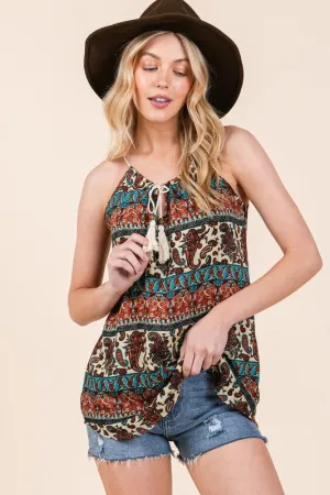 Boho Front Tassel Tie Sleeveless Woven Top