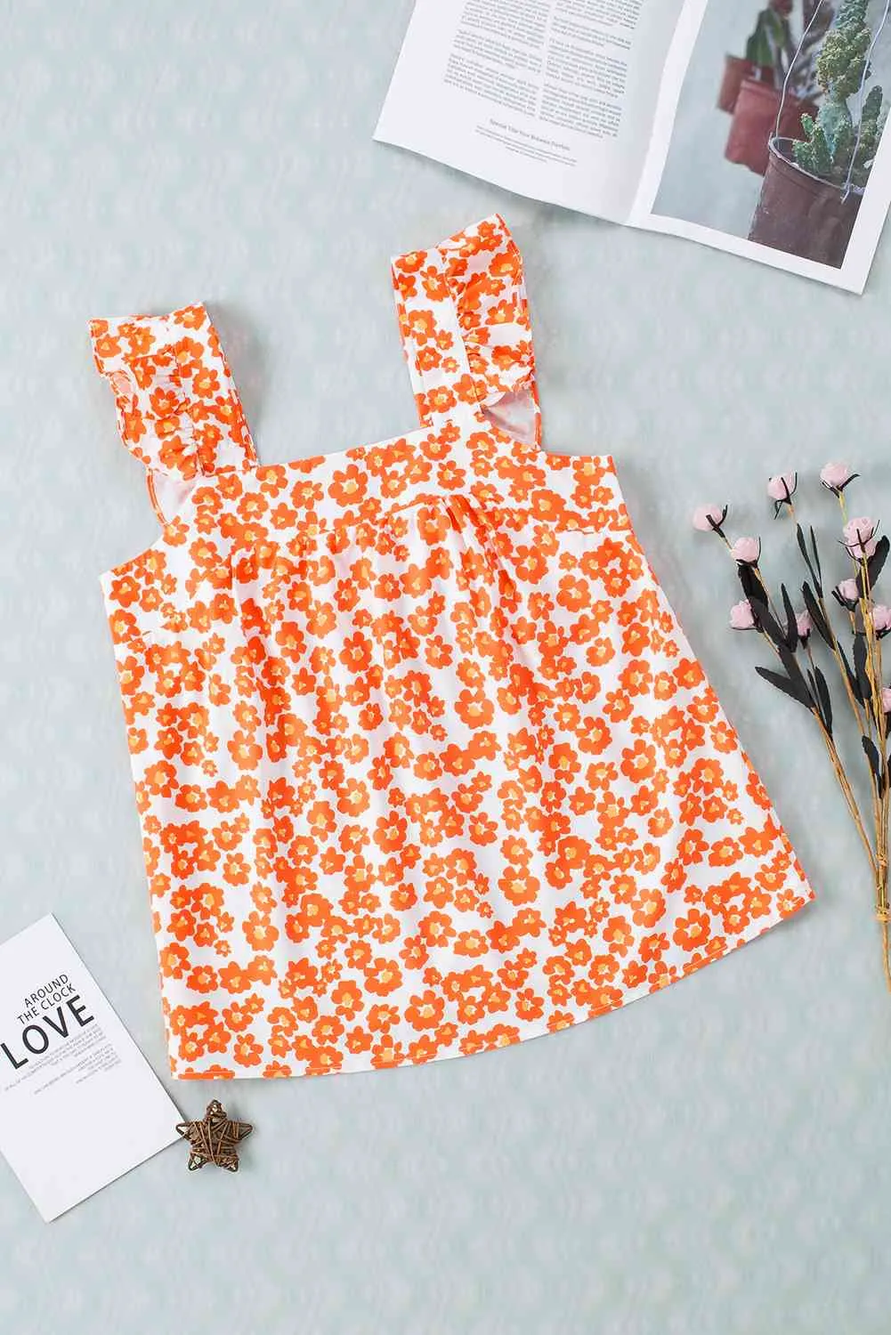 Brooney Floral Square Neck Cap Sleeve Tank