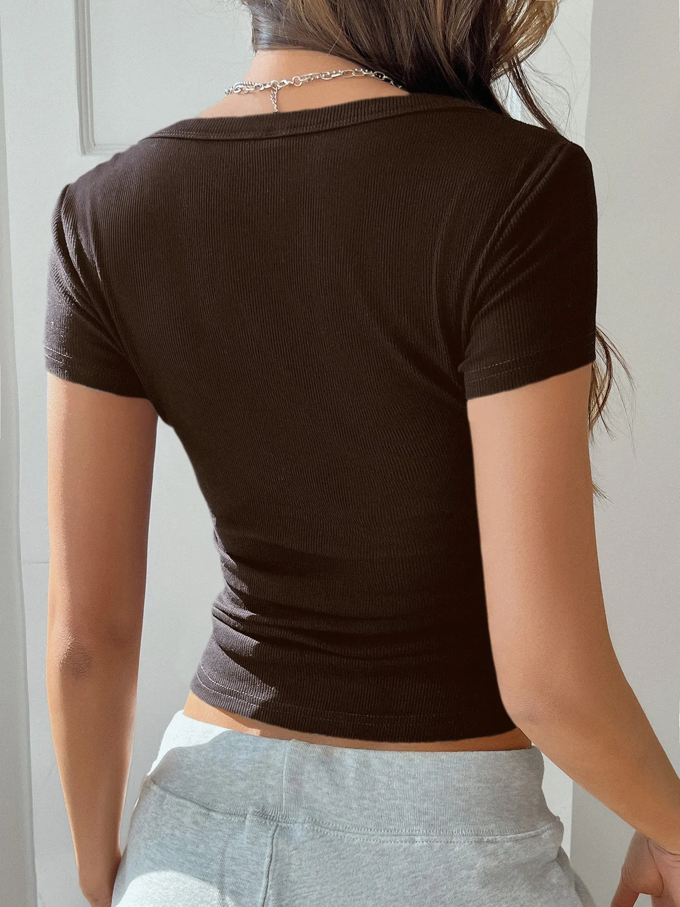 Brown Asymmetric Neck Rib Top