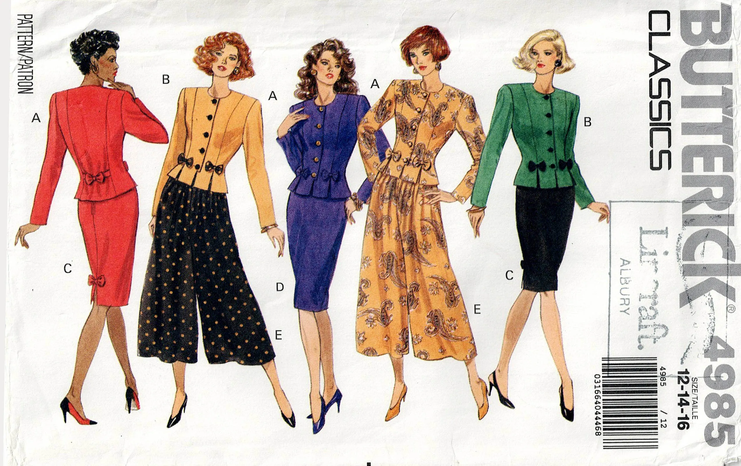 Butterick 4985 Womens Peplum Top Pencil Skirt & Wide Leg Culottes 1990s Vintage Sewing Pattern Size 12 - 16 UNCUT Factory Folded